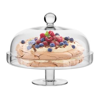 Imagem de Barski Suporte de vidro para bolo com cúpula – prato com pé tem 29,8 cm de diâmetro – Suporte de sobremesa coberto de vidro transparente com aro – Bandeja de servir elegante para bolos, cupcakes