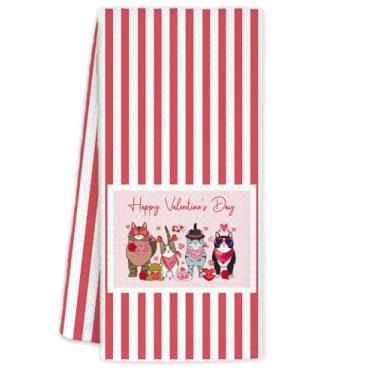 Imagem de YTRGI Feliz Dia dos Namorados Gato Presentes para Ela Crianças Amantes de Gatos Mulheres, Gato Decoração Dia dos Namorados Toalha de Mão para Cozinha Banheiro, Toalhas de Cozinha Vermelhas Engraçadas