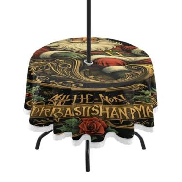 Imagem de CEBUGI Toalha de mesa redonda para uso ao ar livre, Merry Christmas, impermeável, com furo Umberlla, capa de mesa lavável para pátio, cozinha, sala de jantar, 152 cm