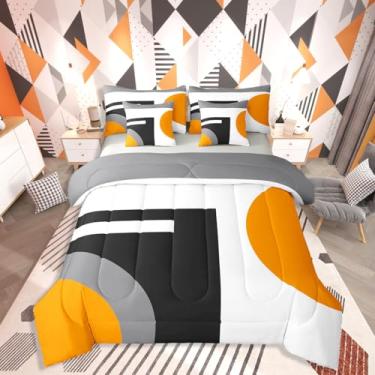 Imagem de Erosebridal Jogo de cama solteiro com listras geométricas, laranja, preto, cinza, 7 peças, moderno, conjunto de lençol com semicírculo para adolescentes, adultos, jovens, mulheres, quarto abstrato