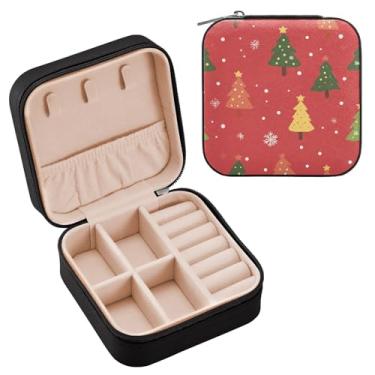 Imagem de Wassud Caixa de joias alegre para viagem de árvore de Natal para mulheres, meninas, senhoras, noiva, mini organizador de joias de couro PU, caixa quadrada de armazenamento de joias para brincos, anéis