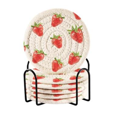 Imagem de SEHANY Conjunto de 6 porta-copos fofos de morango com suporte, porta-copos redondos absorventes de algodão resistente ao calor para mesa de jantar, canecas de café, proteção de copos, 10 cm