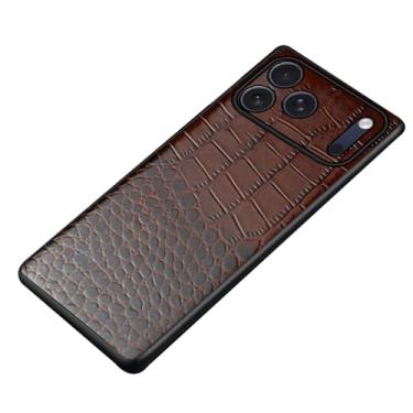 Imagem de POYUFRG Capa fina para iPhone 17 Pro Max/17 Pro/17, capa de telefone comercial de couro genuíno com estampa de crocodilo com capa de proteção de lente completa, marrom, 17
