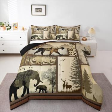 Imagem de Feelyou Jogo de cama casal com animais de safári africano, elefante selvagem, girafa, leopardo, rústica, campo, campo, para quarto de crianças, meninos, meninas, decoração de vida selvagem tropical