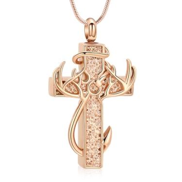 Imagem de zeqingjw Colar de urna com cruz e anzol, joia de cremação para cinzas, pingente de aço inoxidável, chifre de veado, cruz, memorial, humano, animal de estimação, suporte de cinzas para homens e