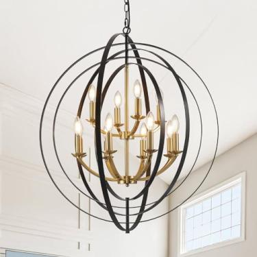Imagem de Lustre preto e dourado de 80 cm, candelabro de casa de fazenda de 12 luzes para entrada, luminárias pendentes redondas, lustres de foyer grandes para tetos altos, lustres de escada de teto suspensos