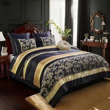 Imagem de Bedduvit Conjunto de edredom Queen preto e dourado com 7 peças – Luxuoso e sedoso vintage Jaquard com design de patchwork genuíno, tamanho Queen, roupa de cama alternativa com fronhas, travesseiro