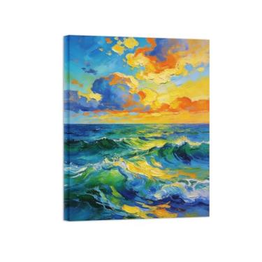Imagem de BMZFYBS Tela de paisagem de arte de parede - Onda do mar amarelo sol - Impressão de pintura de decoração moderna para sala de estar pronta para pendurar tela emoldurada 90 x 117 cm 35 x 46 pol