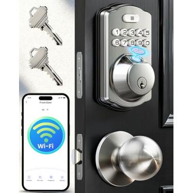 Imagem de Veise VE012W-K Fechadura inteligente de impressão digital WiFi integrada com 2 maçanetas, sem necessidade de hub, controle remoto de aplicativo, fechadura de porta de entrada sem chave, fechadura