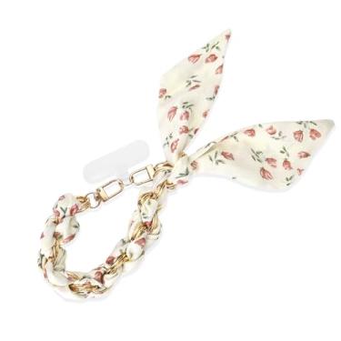 Imagem de Fycyko Alça de pulso para telefone com lenço de metal dourado e aba universal, corrente de fita de design de impressão estética, acessórios multiuso para chave de bolsa, celular para homens, mulheres