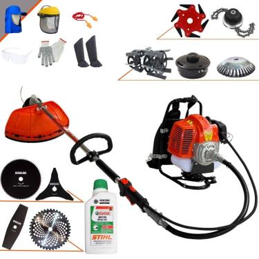 Imagem de Roçadeira Costal Terra Com Carretel + Faca 2 Pontas + 3 Pontas + 6 Pontas + 40 Dentes Vídea + 80 Dentes + Trimmer + Escova + Enxada + Óleo Stihl + EPI