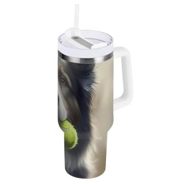 Imagem de Copo de aço inoxidável isolado com bola de tênis para cães com tampa e canudo para água, copo de água isolado 850 g / 0,89 L