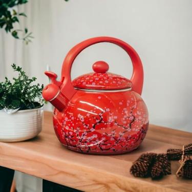Imagem de Chaleira Esmaltada Vermelha Vintage 2,2L com Apito, Ferro Esmaltado, Cabo Baquelite, Vermelha, para Fogão Elétrico, Gás, Indução