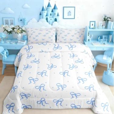 Imagem de Erosebridal Conjunto de cama Queen com laço azul, para meninas adolescentes, adolescentes, pré-adolescentes, moderno, moderno, conjunto de edredom azul e branco