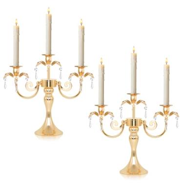Imagem de KEHAIL Candelabro de metal de 3 braços com pingentes de cristal - Castiçais de 29 cm de altura, conjunto de 2 - Suporte elegante para castiçal cônico para casamento, mesa de jantar, decoração de casa
