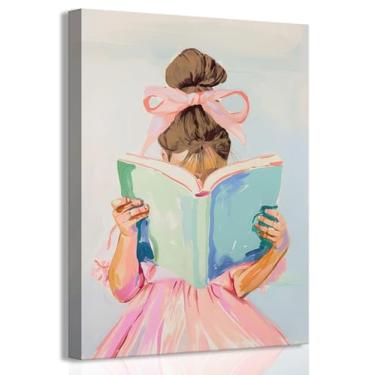 Imagem de Cabelo castanho menina lendo livro tela arte de parede crianças lendo decoração de parede imagem pastel menina pôster impressão rosa arco arte estética para galeria biblioteca leitura decoração de