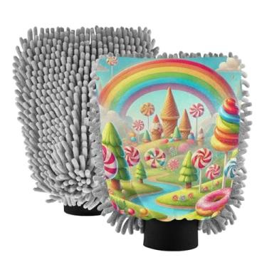 Imagem de ODAWA Luva de limpeza de carro de microfibra de chenille arco-íris Candy Land, pacote com 2, luva de microfibra macia para lavagem de carro 20,5 x 30 cm