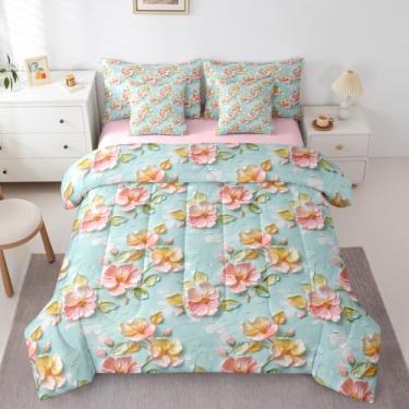Imagem de Conjunto de cama King e cama de flor rosa em um saco, 7 peças, primavera pêssego, cor de água, folhas verdes, planta, decoração de jardim, margarida botânica, decoração de quarto fofo, estética