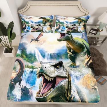 Imagem de Feelyou Jogo de lençol solteiro de dinossauro, dinossauro, selva, dinossauro, 40,6 cm, de microfibra macia e respirável, animal selvagem, com 1 fronha, decoração de quarto