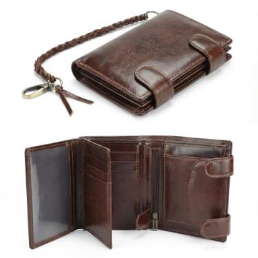 Imagem de Carteira masculina com bloqueio de RFID – couro genuíno com corrente antifurto – 15 compartimentos para cartão, design fino com bolso para moedas, Café, Couro genuíno