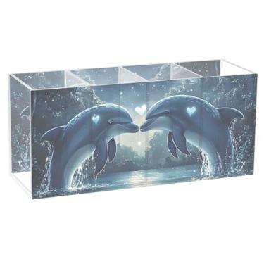 Imagem de TSENQUE Lindo porta-lápis para mesa, coração, golfinhos, porta-pincéis, acrílico, azul, canetas, canetas, canetas, arte, cestético e personalizado, material de mesa