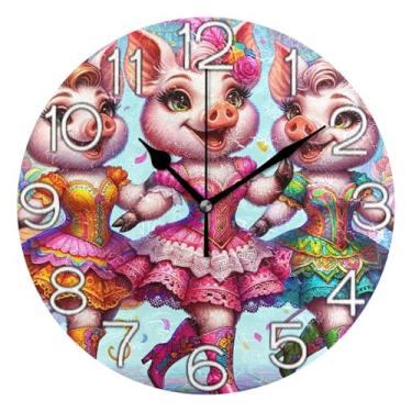 Imagem de GAIGEO Relógio de parede analógico decorativo relógio de cozinha bonito estético silencioso sem tique-taque, decoração de parede moderna para sala de estar, animal porco colorido, 25 cm, ponteiros