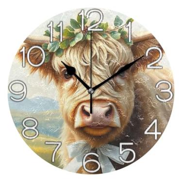 Imagem de GAIGEO Relógio de parede analógico decorativo relógio de cozinha bonito operado por bateria silencioso, arte de parede moderna legal decoração de casa, linda vaca highland, 25 cm, ponteiros pretos