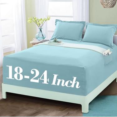 Imagem de Mocassi Lençol com elástico luxuoso 1800 de qualidade premium de hotel – Ultramacio, microfibra resistente a vincos, bolso extra profundo de 45 a 60 cm, lençol com elástico, Queen, azul aqua