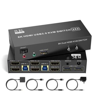 Imagem de TaiLaiEra Switch Hdmi Kvm 8K Para 2 Monitores, Suporte Computadores A 60Hz E 4K 60Hz, Comutador De Monitor Duplo, Tela Estendida Compartilhamento Porta, 4 Usb 3.0, Teclado, Mouse, Discos Rígidos, Im
