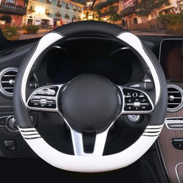 Imagem de Binsheo Capa de volante fofa em forma de D de 35,5 cm para mulheres e homens, couro sintético e fibra de carbono, preto e branco