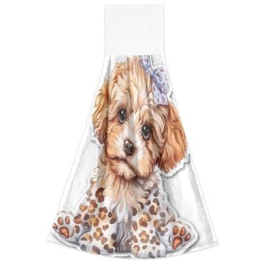 Imagem de Joitme Toalhas de cozinha de mão fofas de cachorro Poodle com laço para pendurar, toalhas de chá de forno, conjunto de 2 toalhas de cozinha modernas macias e absorventes, 46 x 35 cm