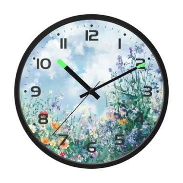 Imagem de SEHANY Herb Wildflower Relógio de parede silencioso sem tique-taque relógio redondo operado por bateria 30 cm controle de som luz noturna relógios de parede para sala de estar, cozinha, quarto