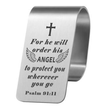 Imagem de AMZAUTO Clipe de viseira de anjo da guarda, proteção cristã para ele vai pedir seus anjos para protegê-lo Salmo 91:11 clipe de viseira de carro gravado cruzado, dirigir seguro, acessórios de segurança