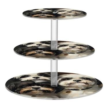 Imagem de Cute Shih Tzu Dogs Tea Party Cupcake Stand 3 camadas acrílico display copo bolo torre mesa sobremesa suporte decoração festa chá formatura colorido