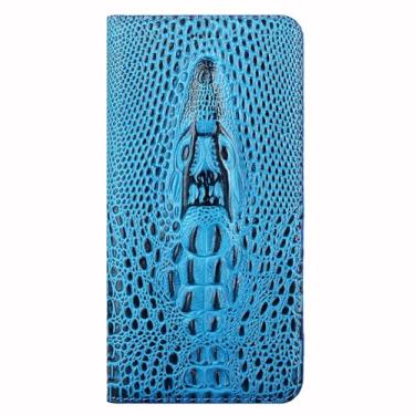 Imagem de FWYANZH Capa de couro genuíno para Google Pixel 10 Pro XL/10 PRO/10, capa carteira de relevo 3D com padrão de crocodilo, cobertura total, capa flip de couro bovino real, azul, 10Pro