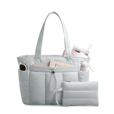 Imagem de TOPDesign Bolsa feminina com porta-copos, compartimento para laptop, bolsa de cosméticos e bolsa de carrinho para trabalho, viagens, Cinza claro, Large, Casual
