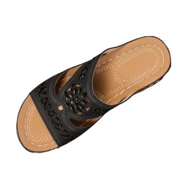 Imagem de Pantufas femininas de uma tira salto plataforma bico aberto calçado casual para primavera verão, Preto, 38