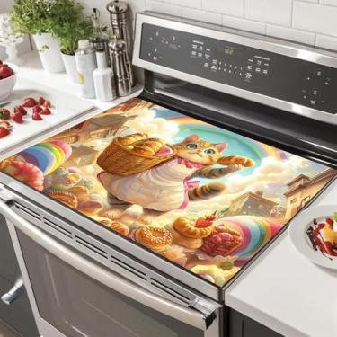 Imagem de HOMETITUTE Coberturas superiores de fogão de gato para fogão elétrico 71 x 50 cm protetor de fogão de vidro resistente ao calor capa decorativa de fogão tapete de bancada de cozinha