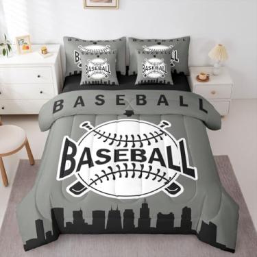 Imagem de Erosebridal Conjunto de edredom casal de beisebol com lençóis, cidade de beisebol, 7 peças, jogos esportivos, cama em uma bolsa para crianças, adolescentes e adultos, conjunto de cama com silhueta de