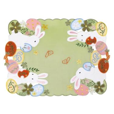 Imagem de Jogo americano de Páscoa, conjunto de 4 coelhos bordados, ovos verdes recortados, coloridos, flores de primavera, cenouras, grama sálvia, decorações sazonais para mesa de jantar e centro