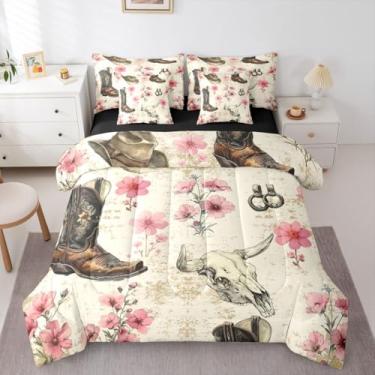 Imagem de Country Western, conjunto de cama casal de 7 peças para meninas e adolescentes – Vintage Western Bull Skull Bed in a bag, cowboy cowgirl, chapéus, chapéus, edredom com lençol de cima e jardim