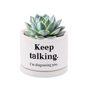 Imagem de Loovelo Keep Talking I'm Diagnosing You Vaso de cerâmica suculenta com bandeja redonda presentes de psicologia Doctor Dr Therapist Psychiatrist 8 cm branco (sem plantas) (com bandeja de cerâmica)