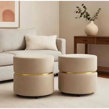 Imagem de Puff Redondo Luxo em Linho Bege – Assento Estofado para Sala, Escritório ou Provador | Banqueta Decorativa
