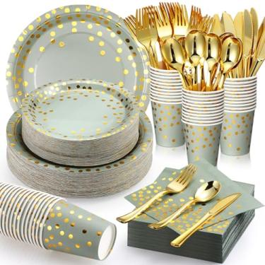 Imagem de Sieral 560 peças de pratos e guardanapos verdes sálvia suprimentos de festa para 80 convidados louça descartável pratos de papel verde sálvia guardanapos, copos, garfos dourados, facas, colheres para