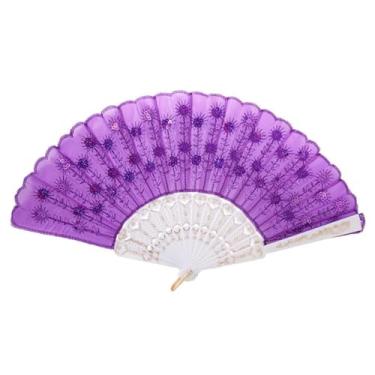 Imagem de Leque de mão dobrável de renda de plástico rosado com decoração de lantejoulas para festivais de dança, casamentos e decoração diária Variante roxa