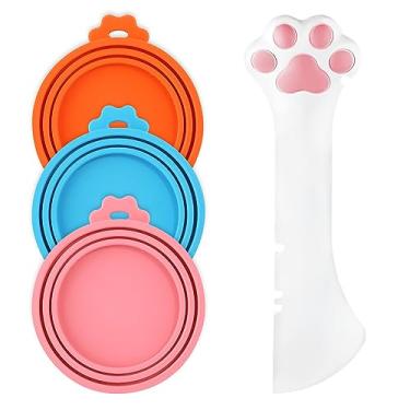 Imagem de 3 capas de lata de comida com colher fofa, tampas de lata de silicone para alimentos, tampa para gatos e cães com colher em forma de pata para frascos de alimentação de cães e gatos (3 cores)