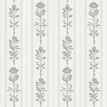 Imagem de VaryFloral Papel de parede listrado floral cinza bege descasque e cole papel de parede neutro com listras florais para quarto sala de estar papel de contato de flores rústicas para armários gavetas