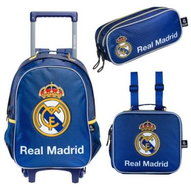 Imagem de Kit Mochila Com Carrinho Futebol com Rodas mais Lancheira e Estojo Rea