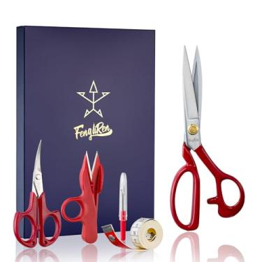 Imagem de Fengliren Tesoura de costura profissional de 23 cm para costura de tecido resistente para costurar tecido de couro vermelho resistente industrial tesoura de alfaiate de aço de alto carbono para