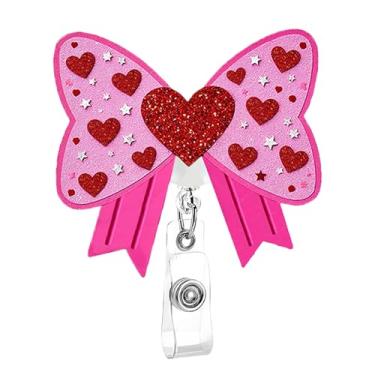 Imagem de Porta-crachá de dia dos namorados com rotação de 360°, carretel de crachá de laço rosa, clipe retrátil, coração vermelho, glitter, clipe médico para escritório RN CNA LPN, trabalhador de hospital